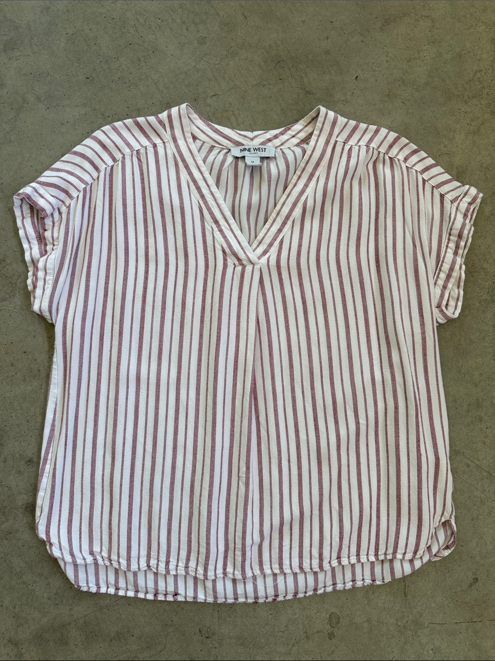 Nine West Maroon and White Striped V-Neck Short Sleeve Blouse